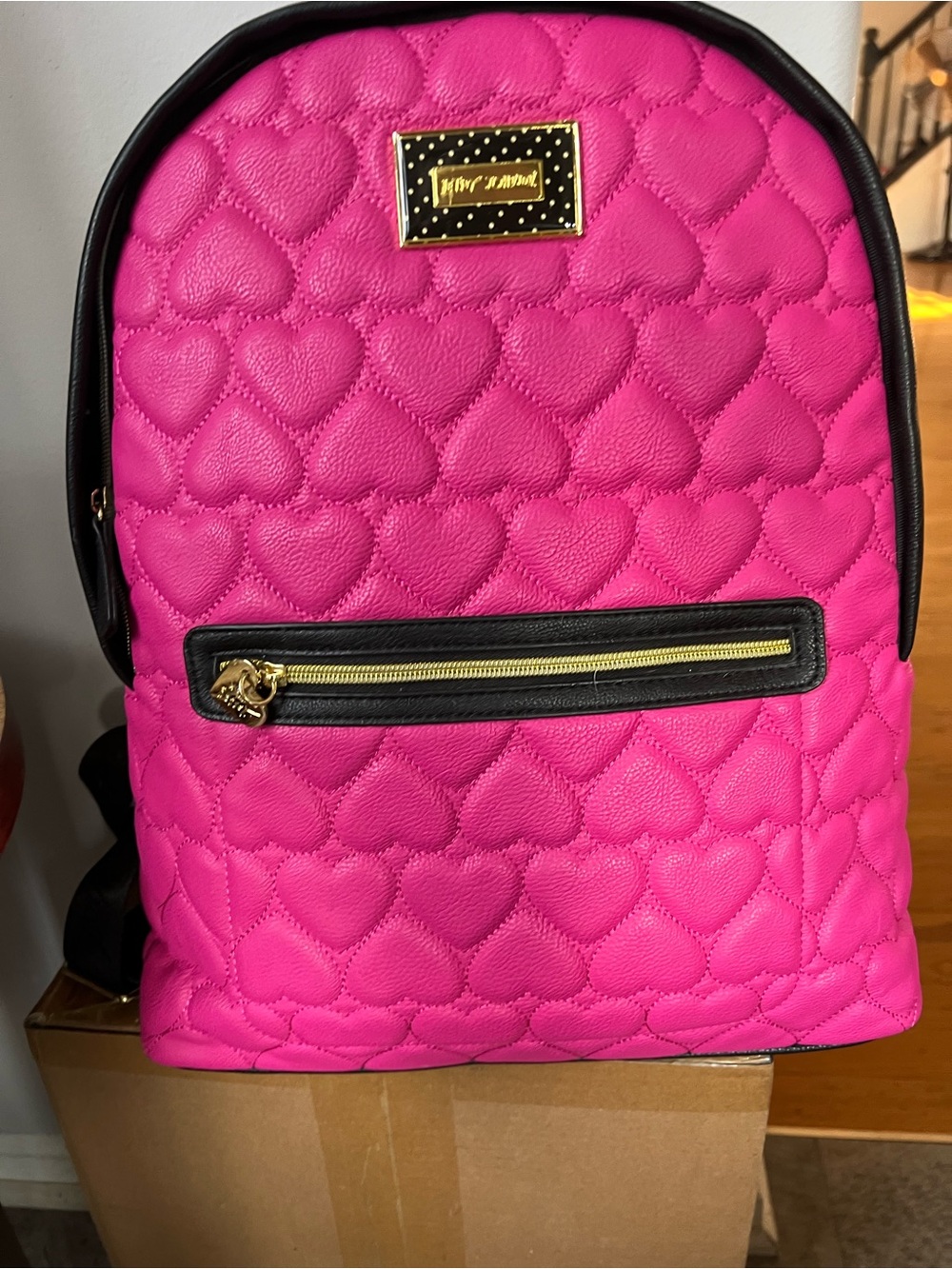 Betsey Johnson Bright Pink Quilted Heart Backpack with Black Trim